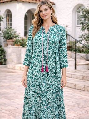 Pomegranate Womens Jade Floral Tassel Dress Medium Block Print Cotton Boho